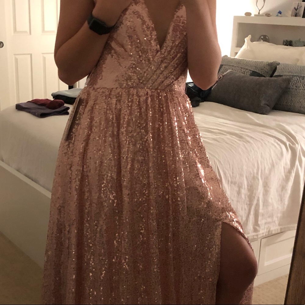 Pink rose gold sequin prom dress